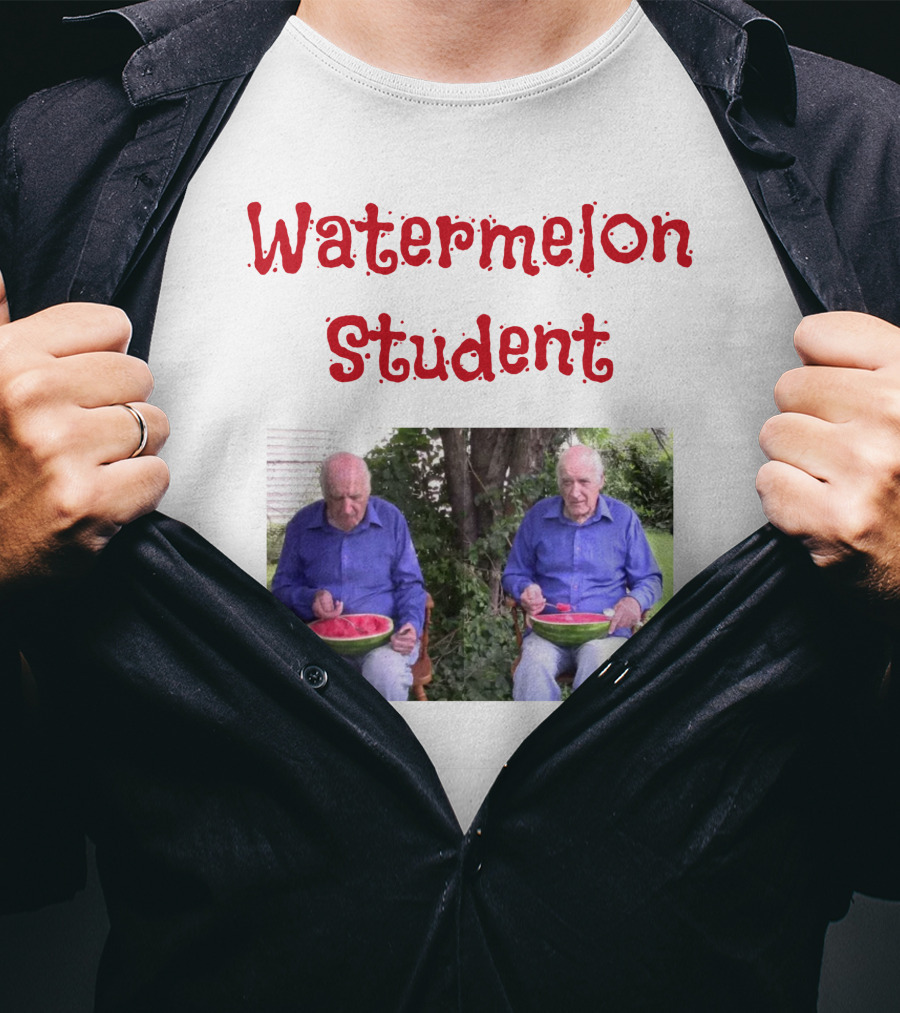 Watermelon Student Eating In Garden With Blue T-Shirt
