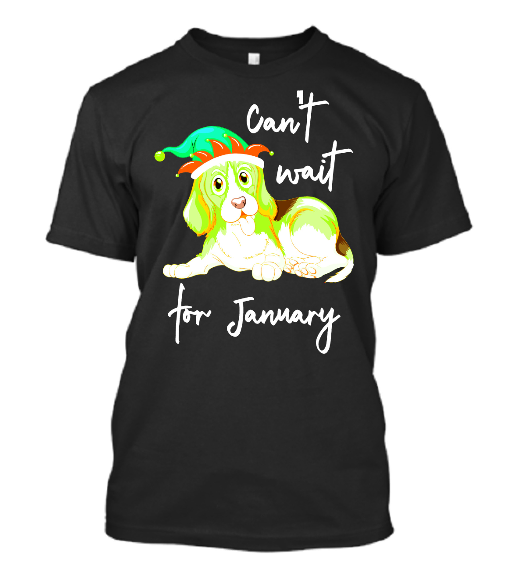 Can't Wait For January Festive Dog With Green And Red Hat T-Shirt