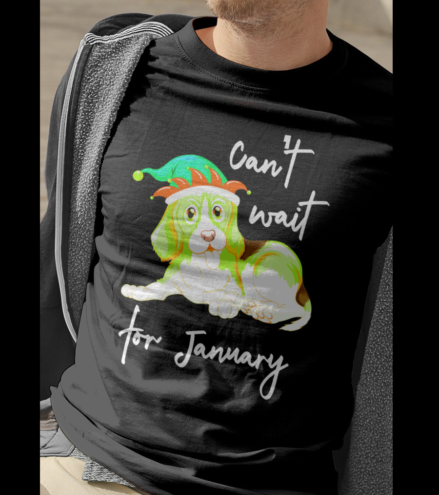 Can't Wait For January Festive Dog With Green And Red Hat T-Shirt