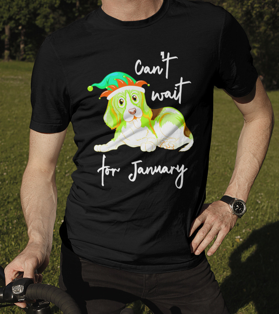 Can't Wait For January Festive Dog With Green And Red Hat T-Shirt