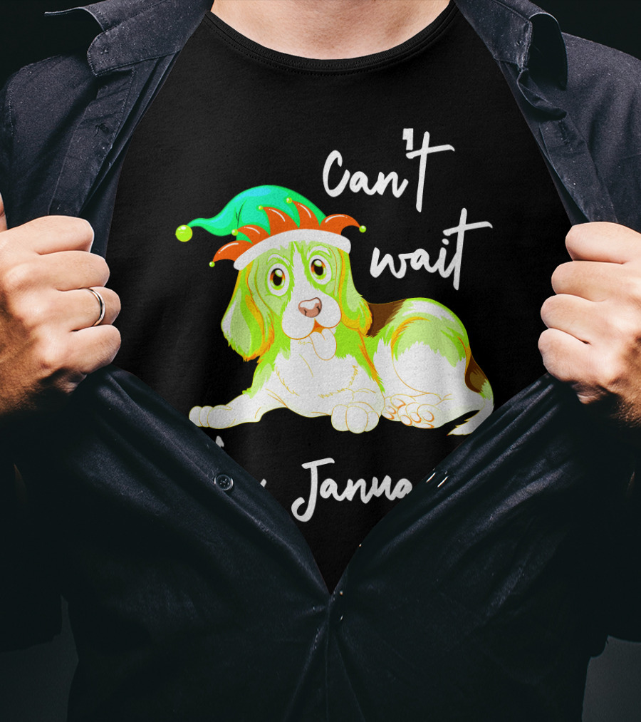 Can't Wait For January Festive Dog With Green And Red Hat T-Shirt
