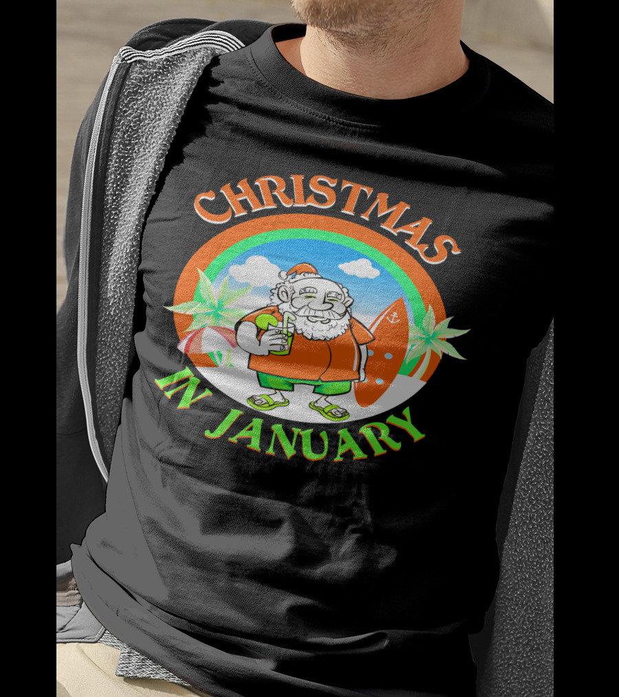 Christmas In January Santa With Surfboard And Drink T-Shirt