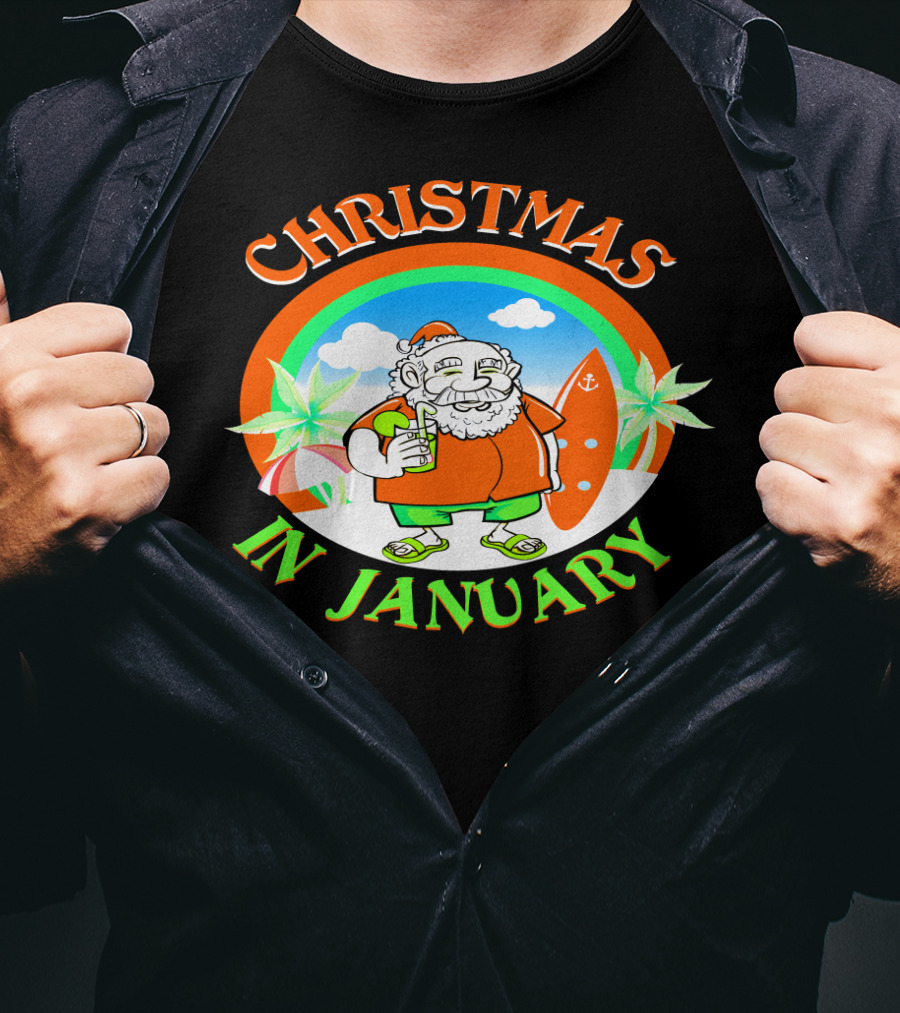 Christmas In January Santa With Surfboard And Drink T-Shirt