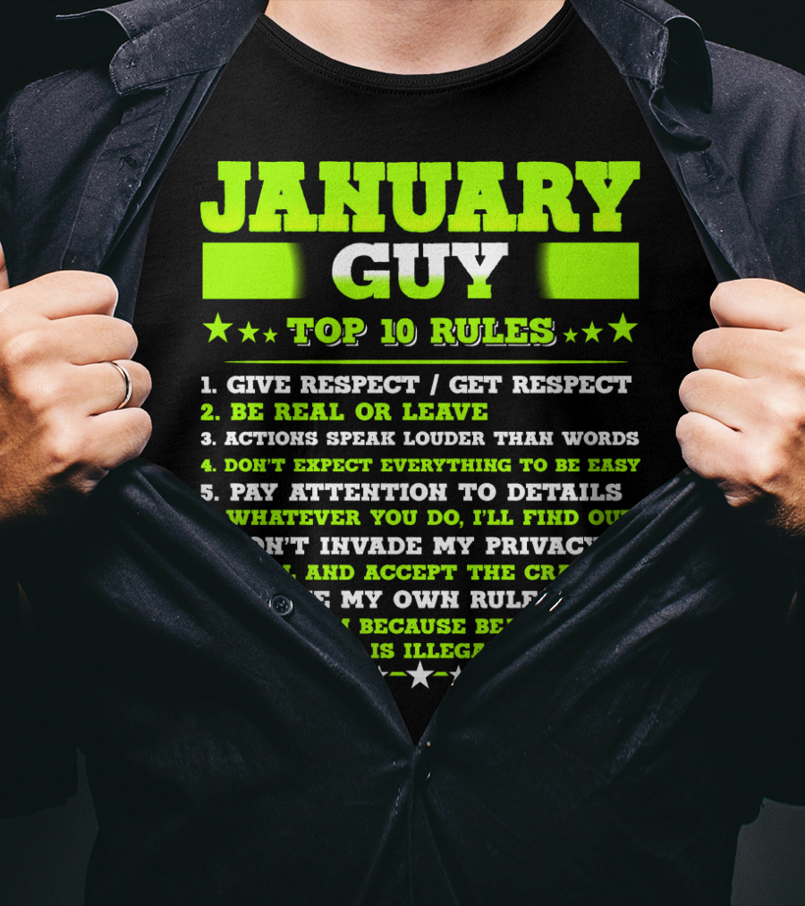 Cool January Guy Top 10 Rules Birthday T-Shirt