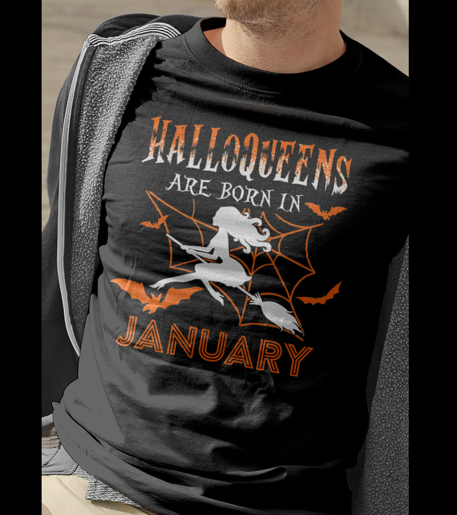Halloqueens Are Born In January Witch And Bats Halloween Birthday T-Shirt