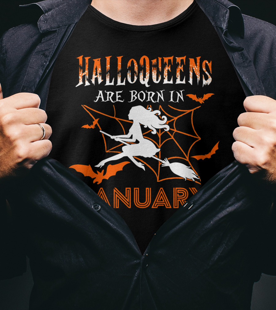 Halloqueens Are Born In January Witch And Bats Halloween Birthday T-Shirt