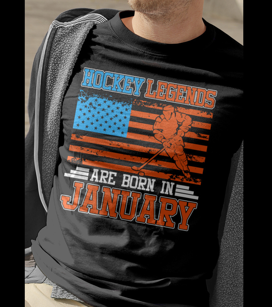 Hockey Legends Are Born In January With American Flag And Skater T-Shirt