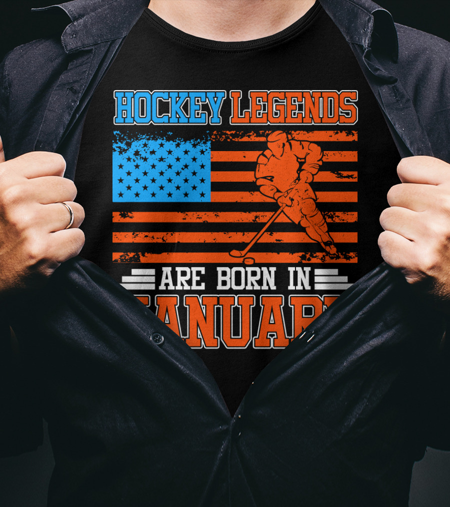 Hockey Legends Are Born In January With American Flag And Skater T-Shirt