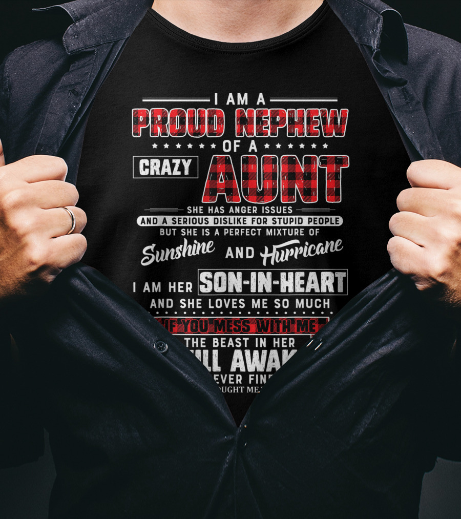 I Am A Proud Nephew Of A Crazy Aunt She Is Sunshine And Hurricane Son-In-Heart Will Awake T-Shirt