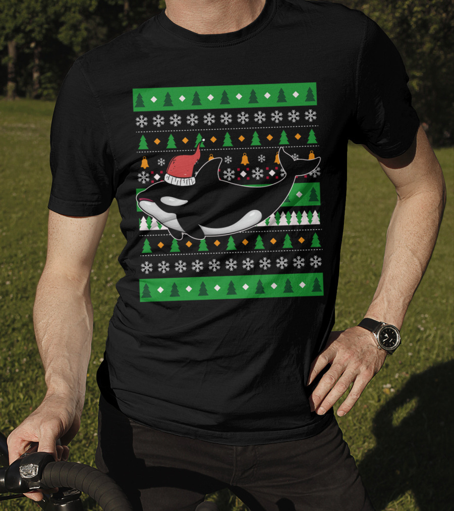 Orca Zookeeper Ugly Christmas Killer Whale Santa Hat Snowflakes Trees T-Shirt