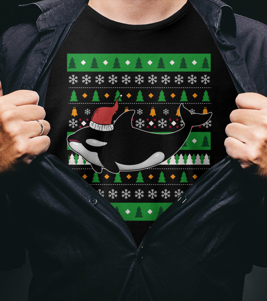 Orca Zookeeper Ugly Christmas Killer Whale Santa Hat Snowflakes Trees T-Shirt