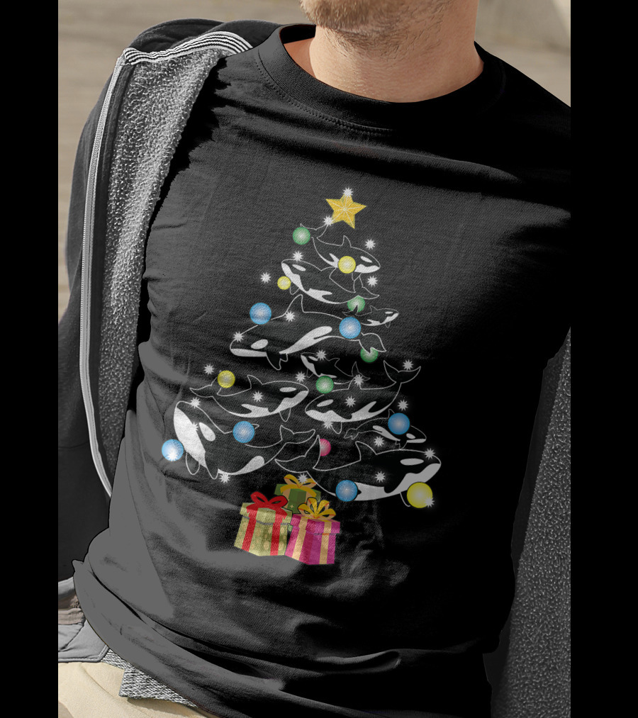 Christmas Orca Whales Tree With Gifts And Decorations T-Shirt