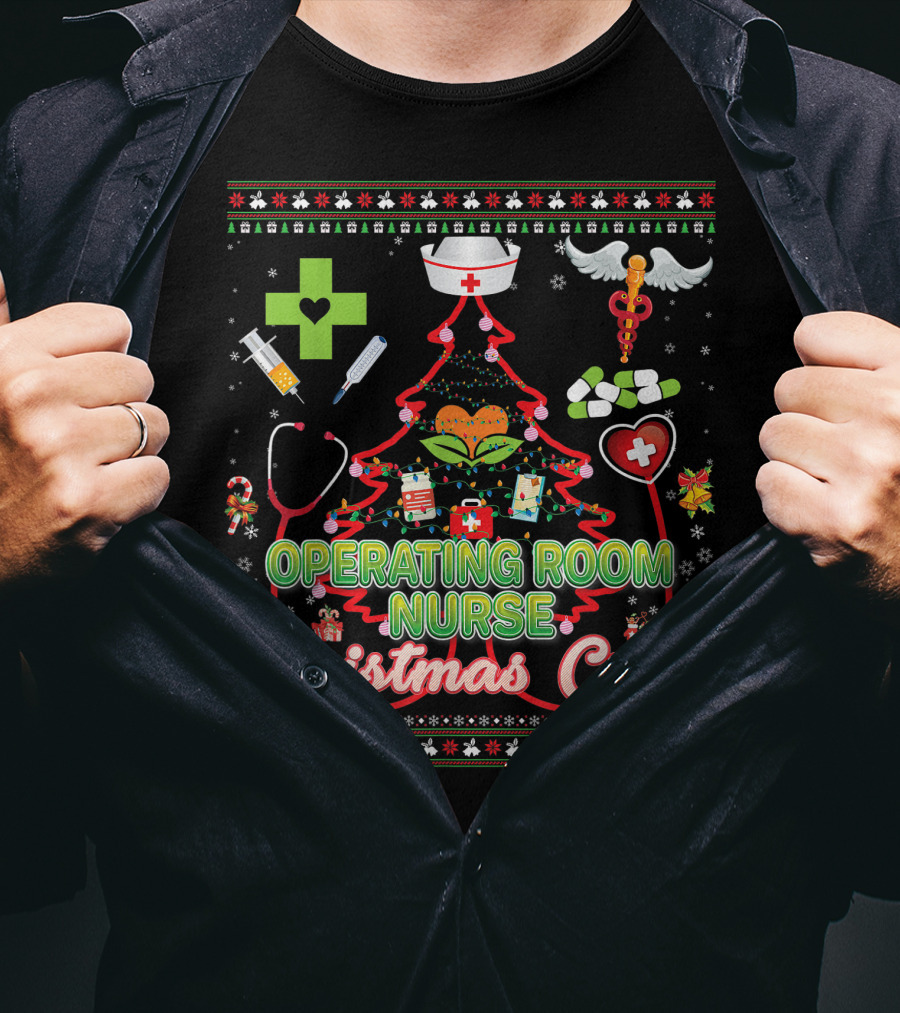 Operating Room Nurse Christmas Crew Tree Stethoscope Holiday Symbols T-Shirt