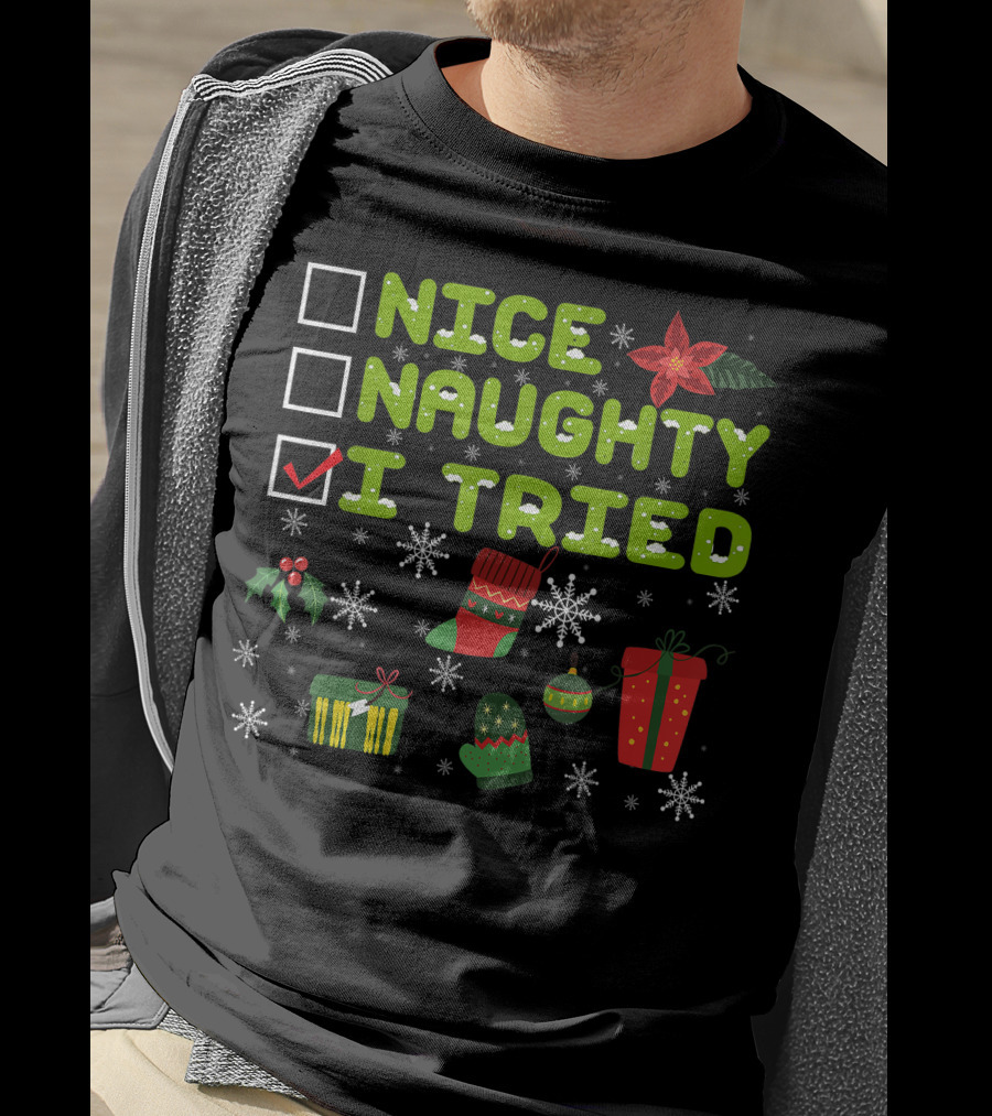 Nice Naughty I Tried Checklist Christmas Pajama With Holiday Icons T-Shirt