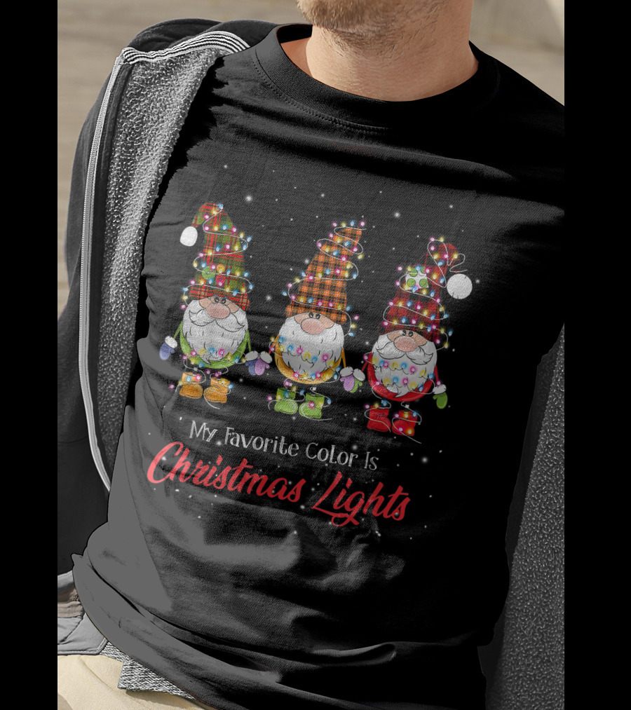 My Favorite Color Is Christmas Lights Gnomies Gnome Buffalo Plaid Trio T-Shirt