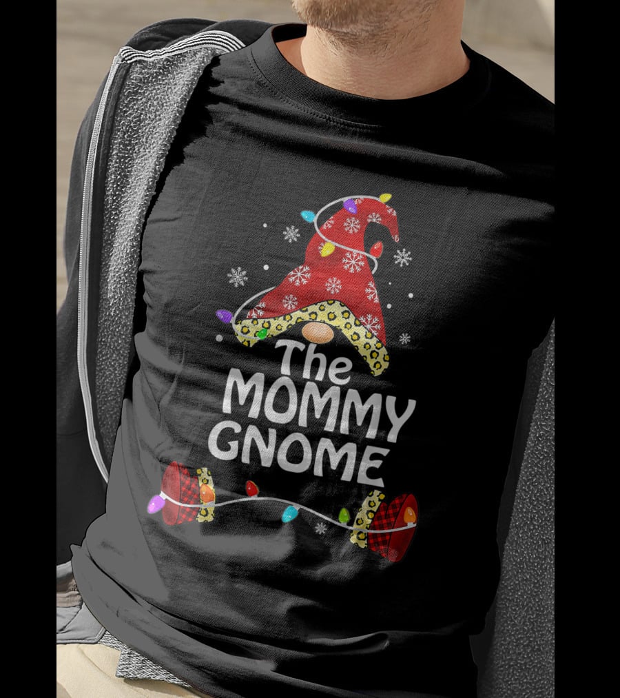 The Mommy Gnome Buffalo Plaid Leopard Print Christmas Lights T-Shirt