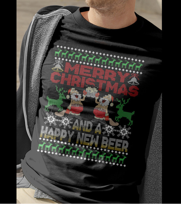 Merry Christmas Happy New Beer Ugly Sweater For Beer Lover With Santa Reindeer T-Shirt