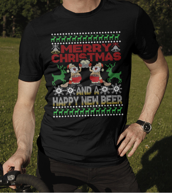 Merry Christmas Happy New Beer Ugly Sweater For Beer Lover With Santa Reindeer T-Shirt