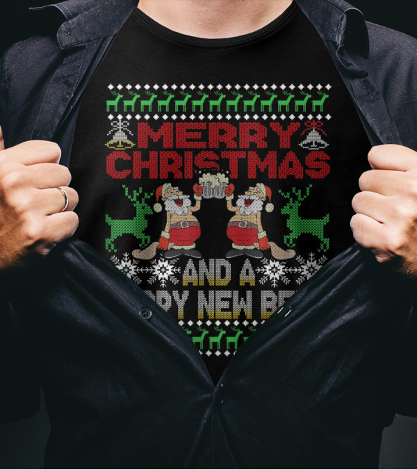Merry Christmas Happy New Beer Ugly Sweater For Beer Lover With Santa Reindeer T-Shirt