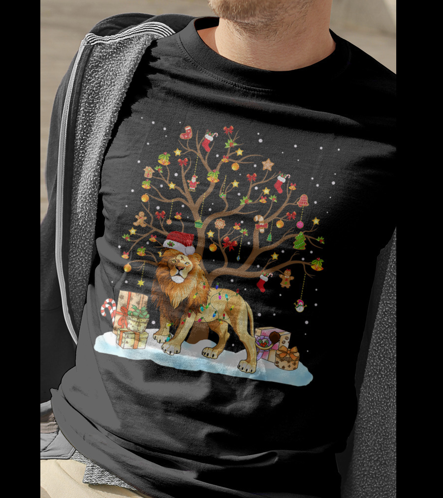 Lion With Christmas Tree Ornaments And Gifts T-Shirt
