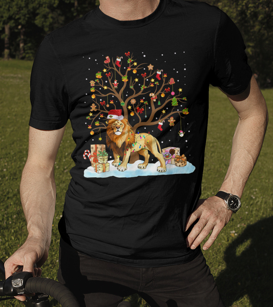 Lion With Christmas Tree Ornaments And Gifts T-Shirt
