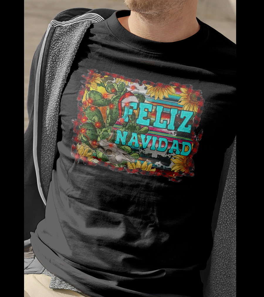 Feliz Navidad Western Country Christmas Texas Cactus Serape Sunflowers T-Shirt
