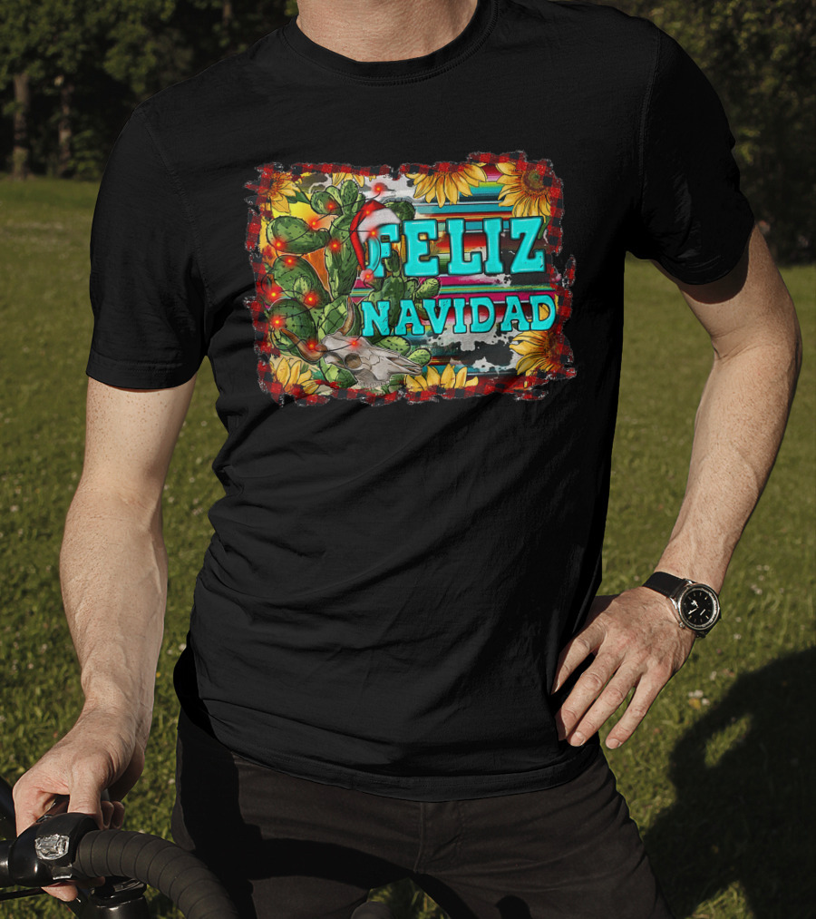 Feliz Navidad Western Country Christmas Texas Cactus Serape Sunflowers T-Shirt