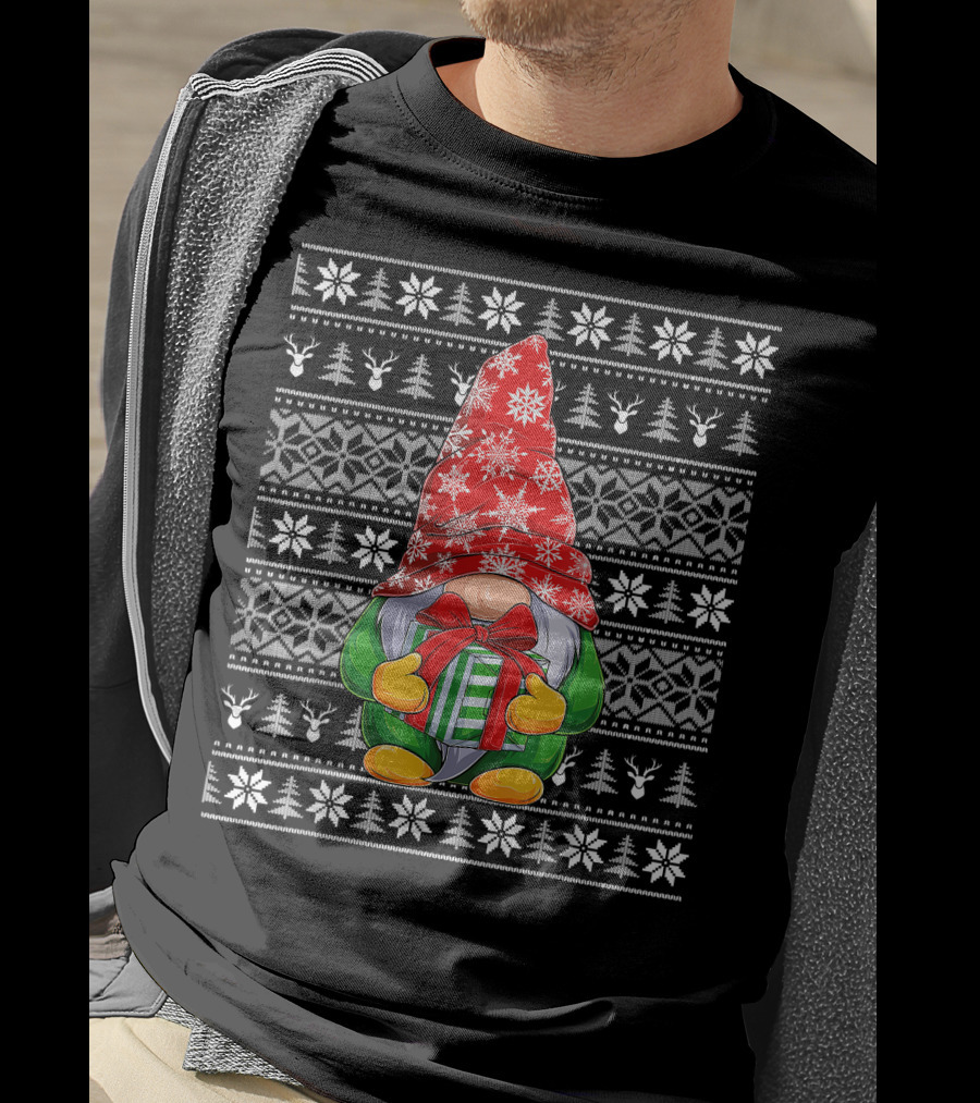 Ugly Christmas Sweater Gnome Holding Gifts With Snowflake Hat T-Shirt