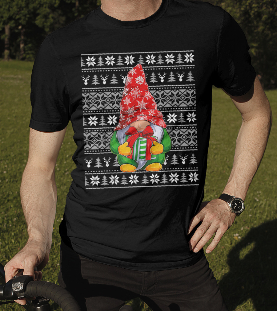 Ugly Christmas Sweater Gnome Holding Gifts With Snowflake Hat T-Shirt