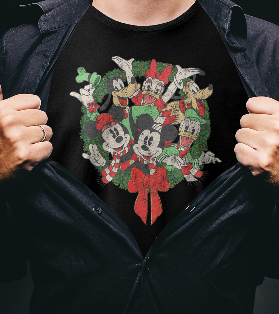Disney Christmas Characters In Festive Wreath With Mickey, Minnie, Donald, Daisy, Goofy, Pluto T-Shirt