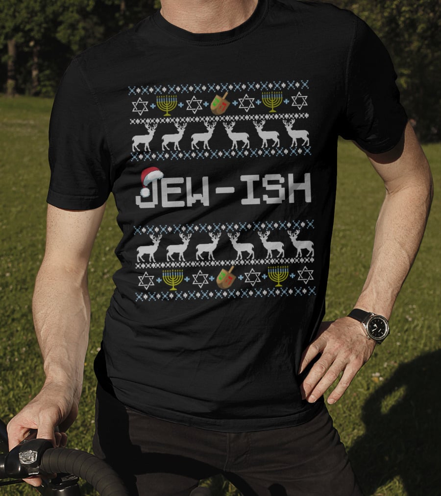 Jew-Ish Hanukkah Santa Hat Dreidel Menorah Stars T-Shirt
