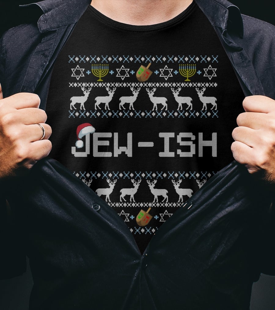 Jew-Ish Hanukkah Santa Hat Dreidel Menorah Stars T-Shirt
