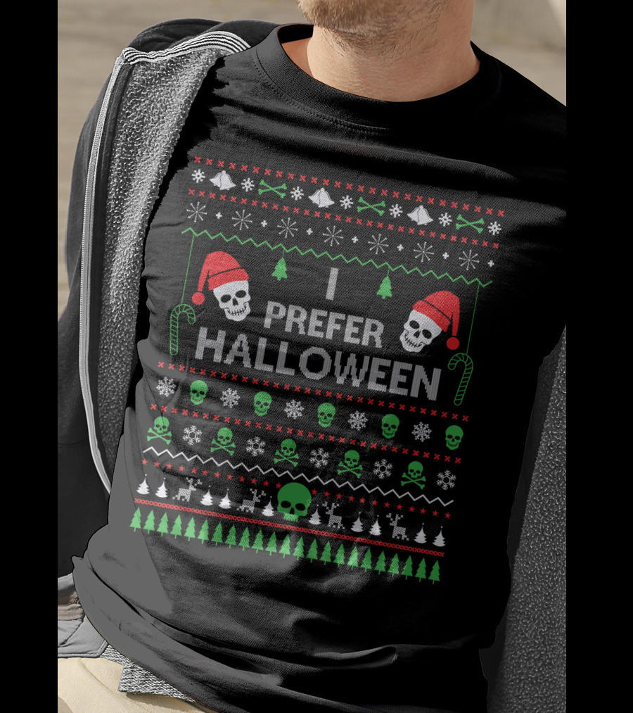 I Prefer Halloween Best Skull Santa Ugly Christmas T-Shirt