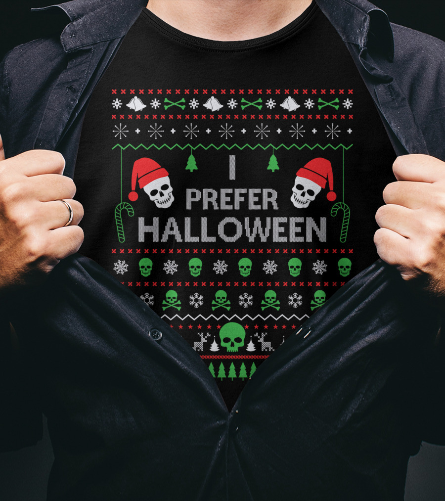 I Prefer Halloween Best Skull Santa Ugly Christmas T-Shirt
