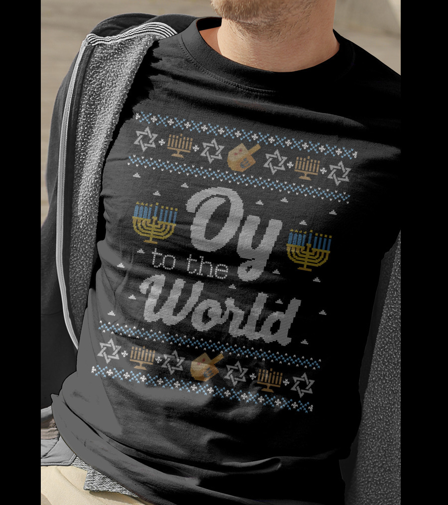 Hanukkah Oy To The World Menorah And Dreidel Knit T-Shirt