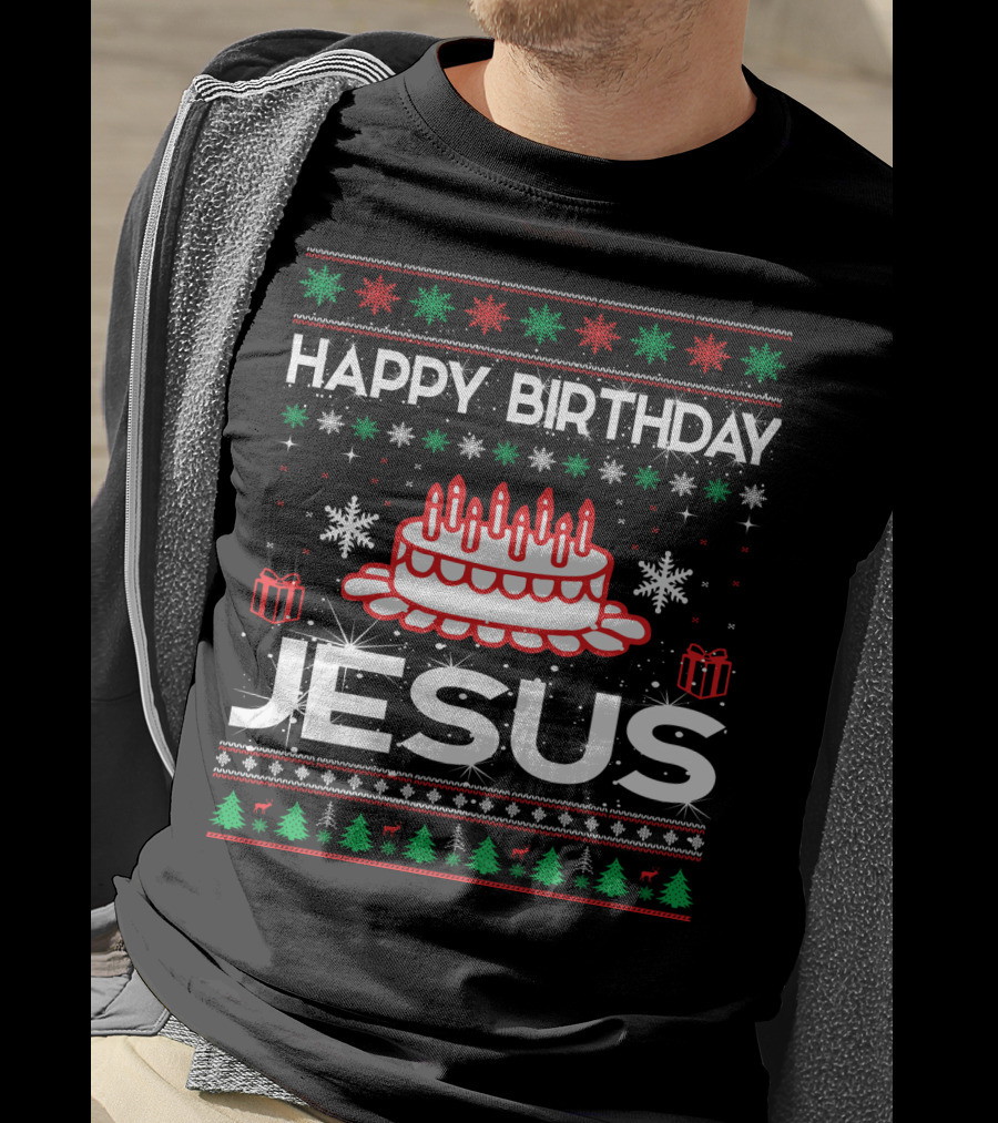Happy Birthday Jesus Ugly Christmas Sweater Design With Cake And Snowflakes T-Shirt