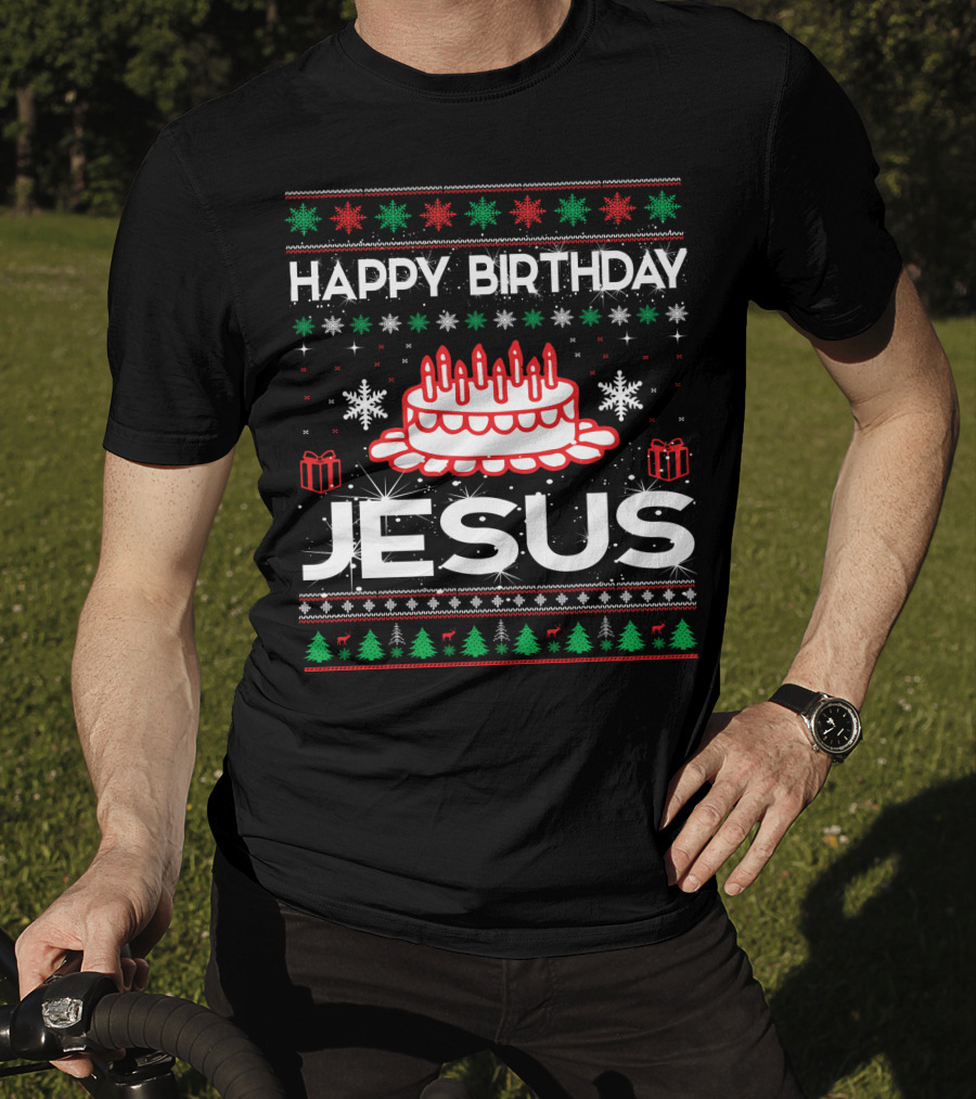 Happy Birthday Jesus Ugly Christmas Sweater Design With Cake And Snowflakes T-Shirt