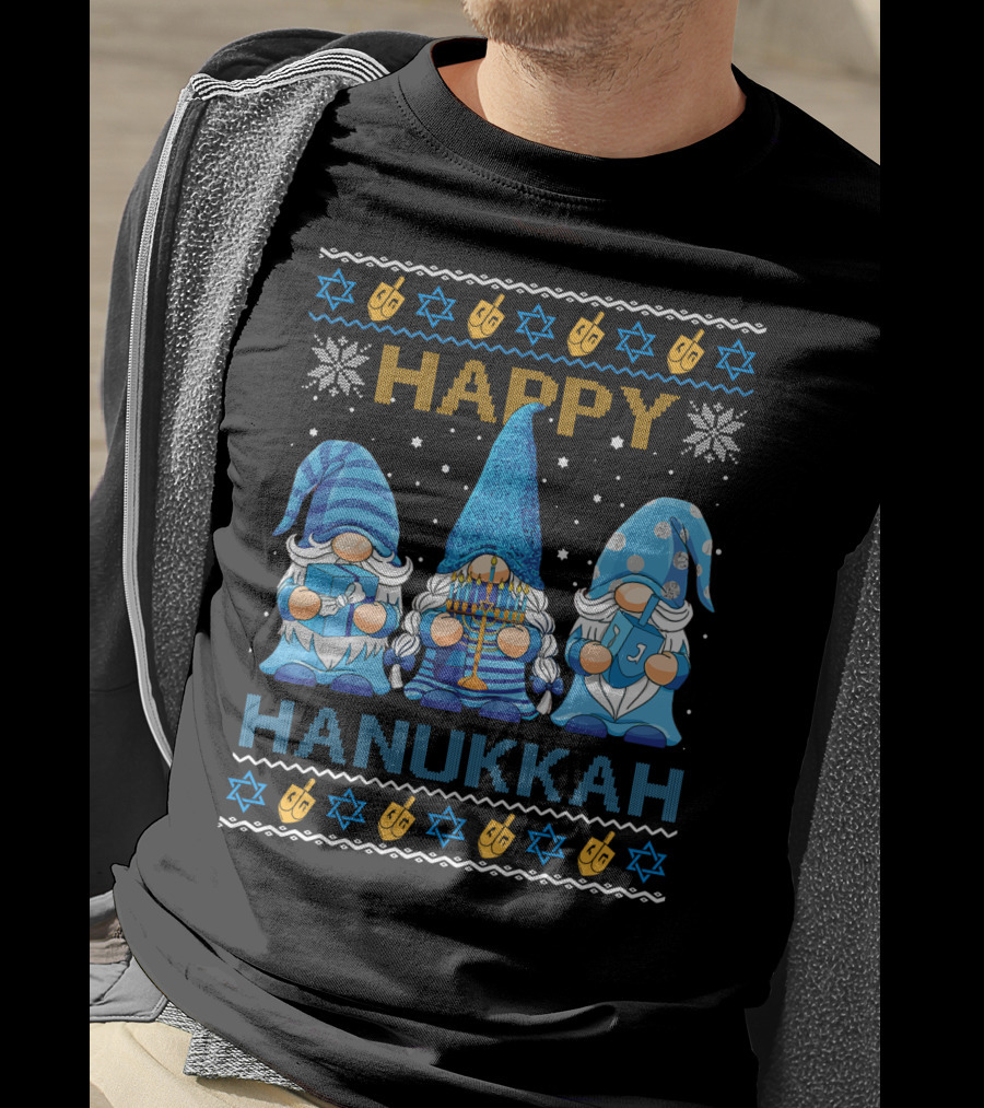 Happy Hanukkah Gnome Gnomies Menorah Dreidel Star Of David T-Shirt