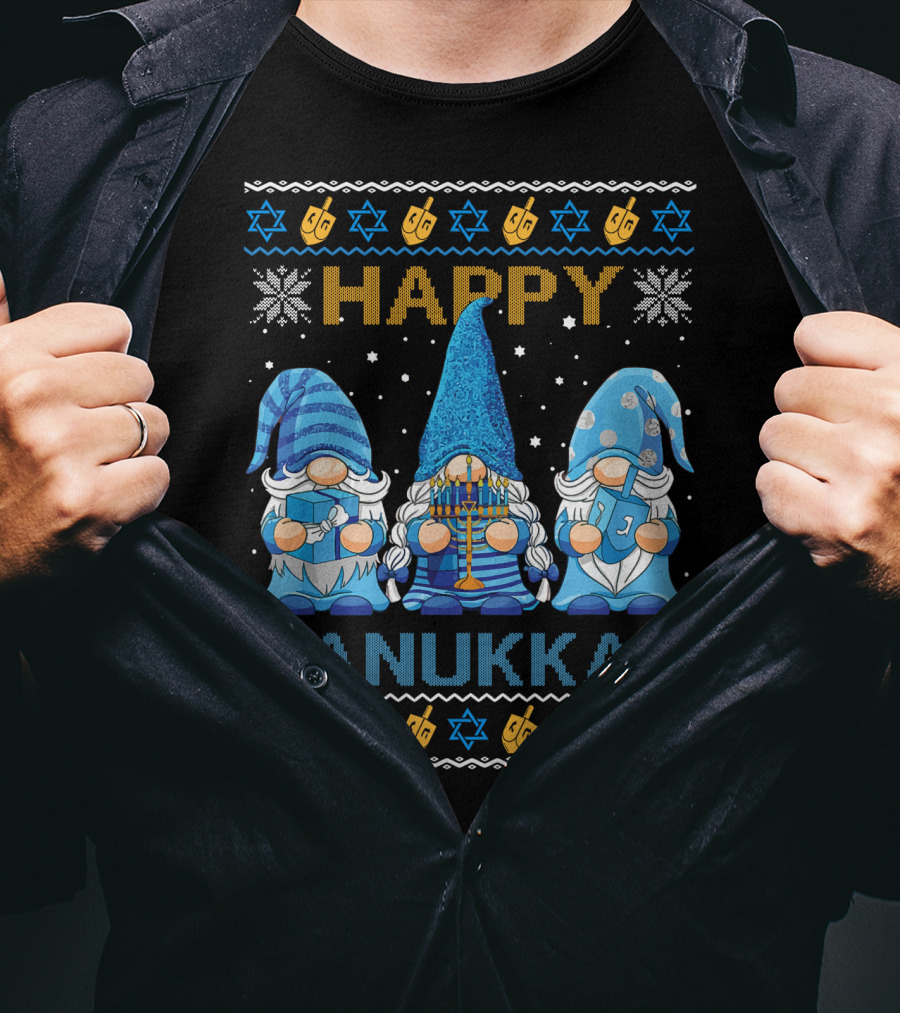 Happy Hanukkah Gnome Gnomies Menorah Dreidel Star Of David T-Shirt