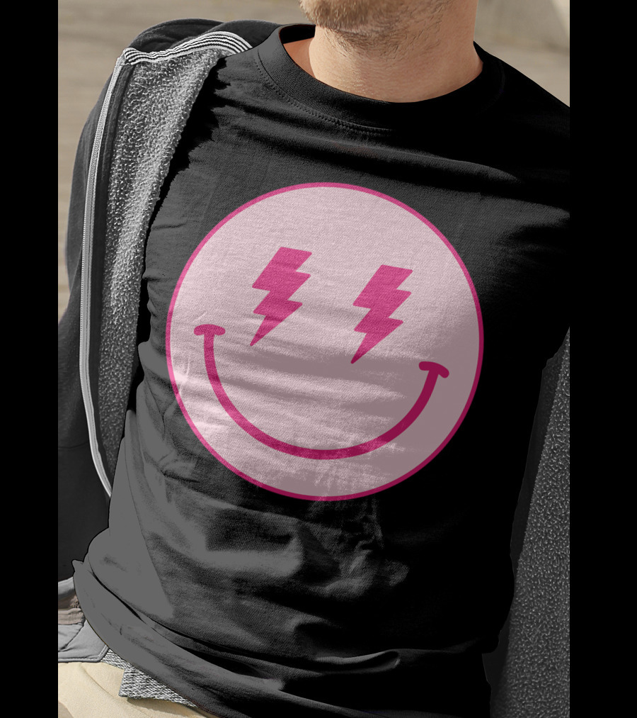 Lightning Bolt Smiley Face Pink Circle T-Shirt