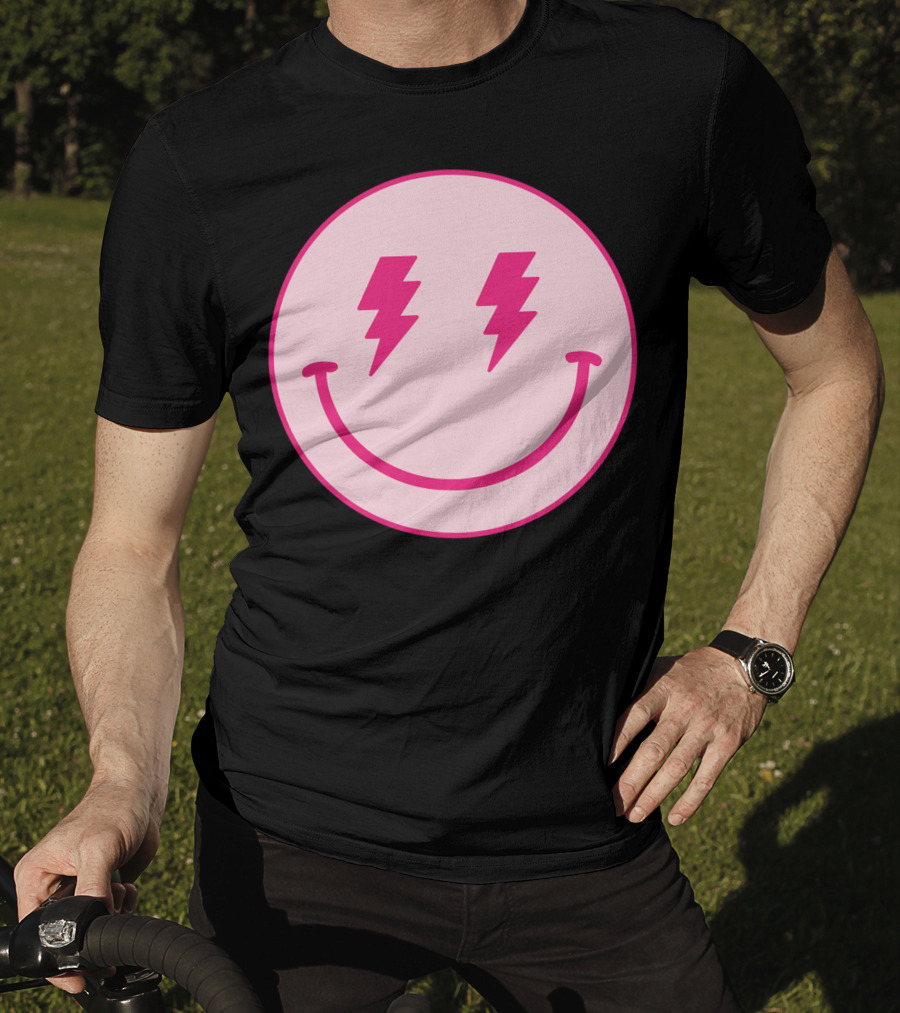 Lightning Bolt Smiley Face Pink Circle T-Shirt
