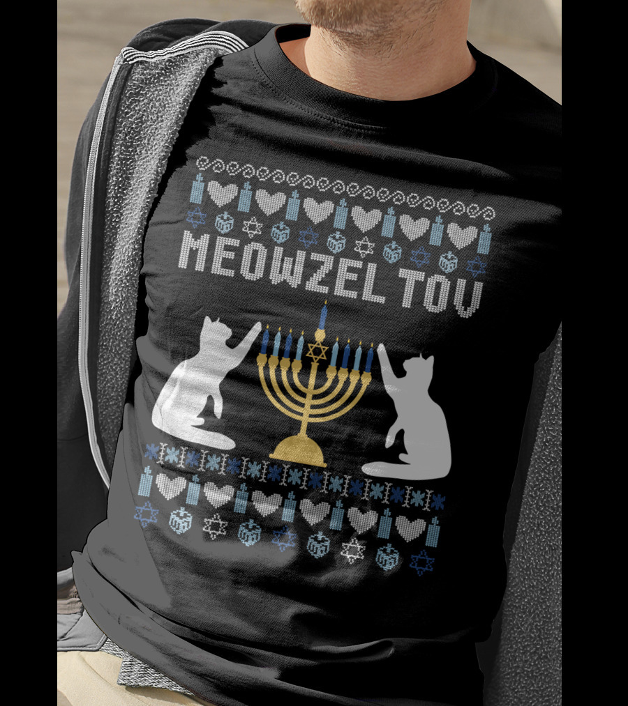 Meowzel Tov Chanukah Cats Menorah Stars Hearts Dreidels T-Shirt