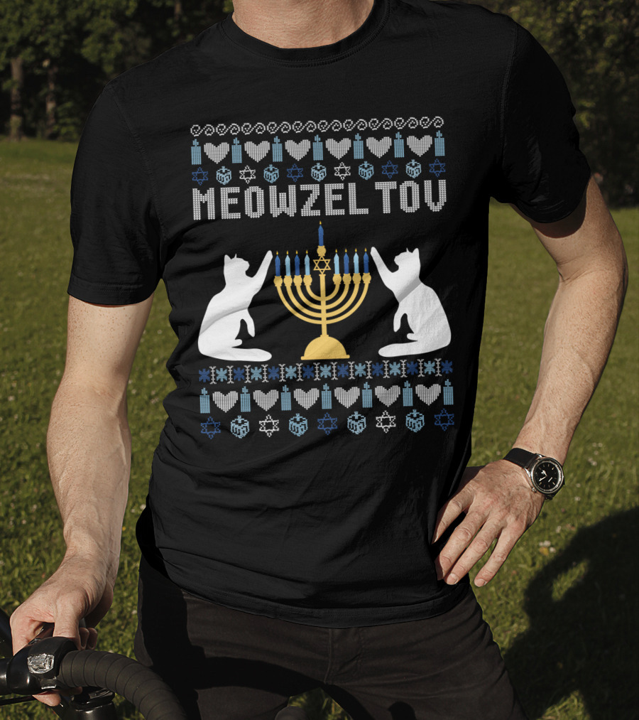 Meowzel Tov Chanukah Cats Menorah Stars Hearts Dreidels T-Shirt