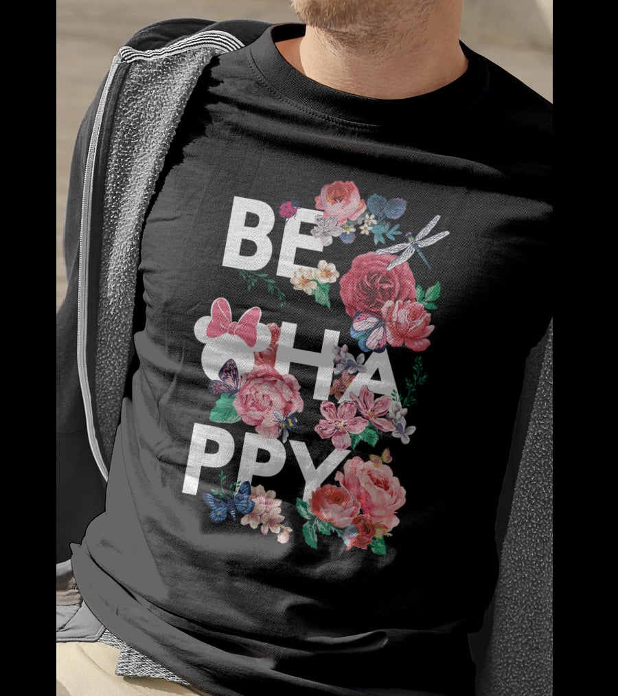 BE HAPPY Floral Minnie Mouse Butterflies And Dragonflies T-Shirt