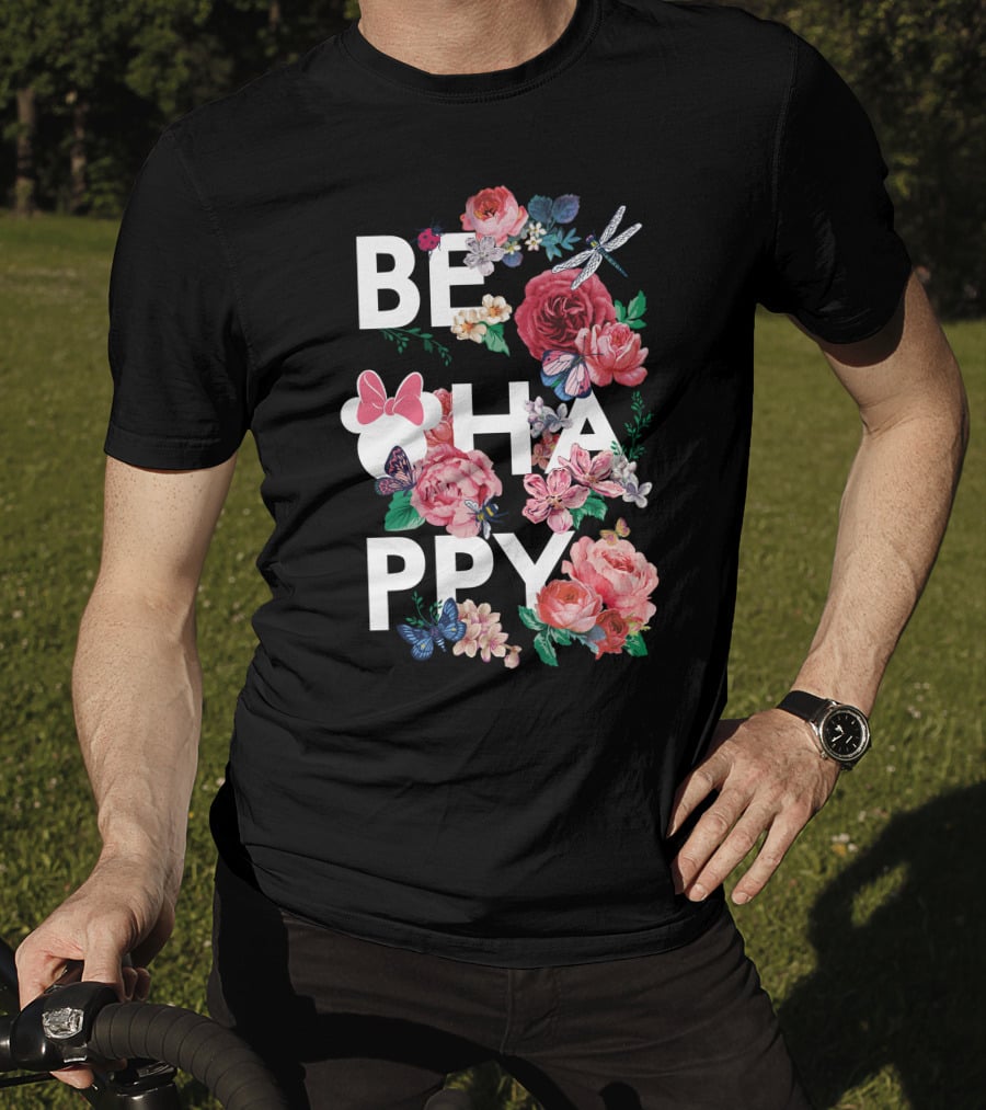 BE HAPPY Floral Minnie Mouse Butterflies And Dragonflies T-Shirt