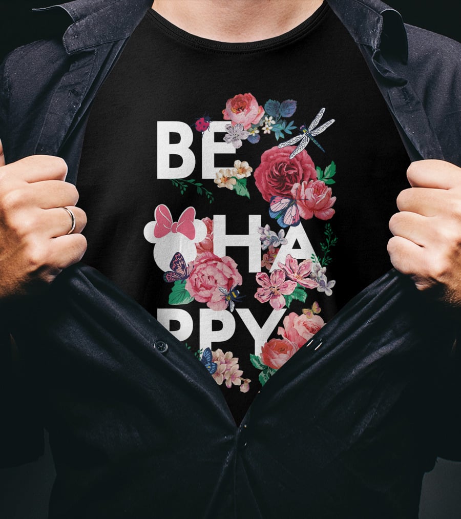 BE HAPPY Floral Minnie Mouse Butterflies And Dragonflies T-Shirt