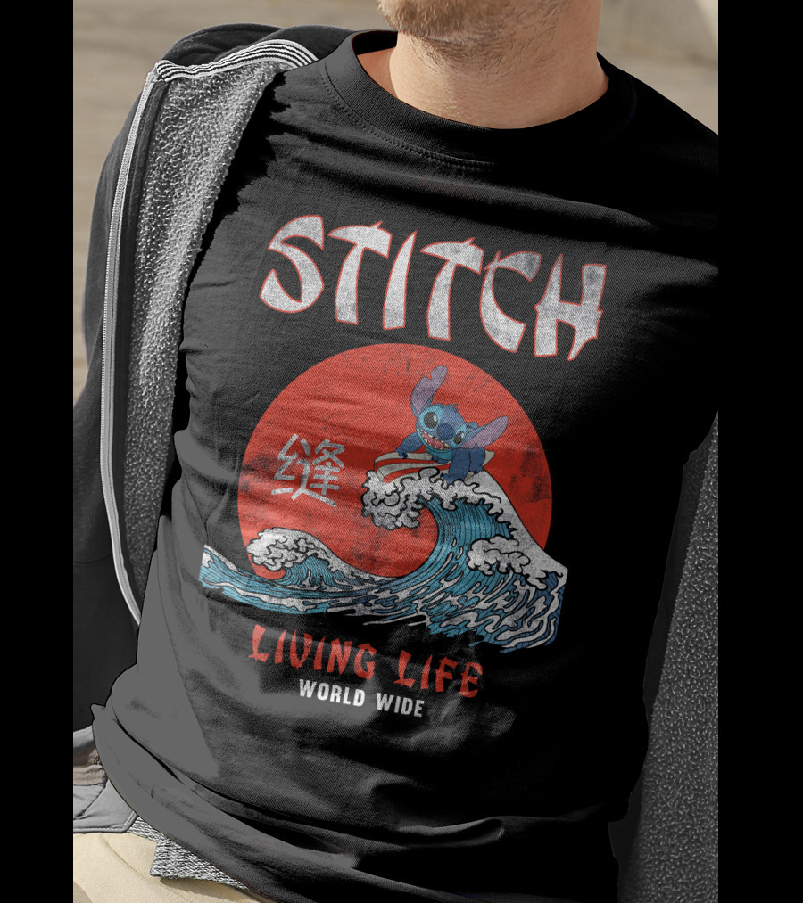Stitch Living Life World Wide Wave Red Japanese Character T-Shirt