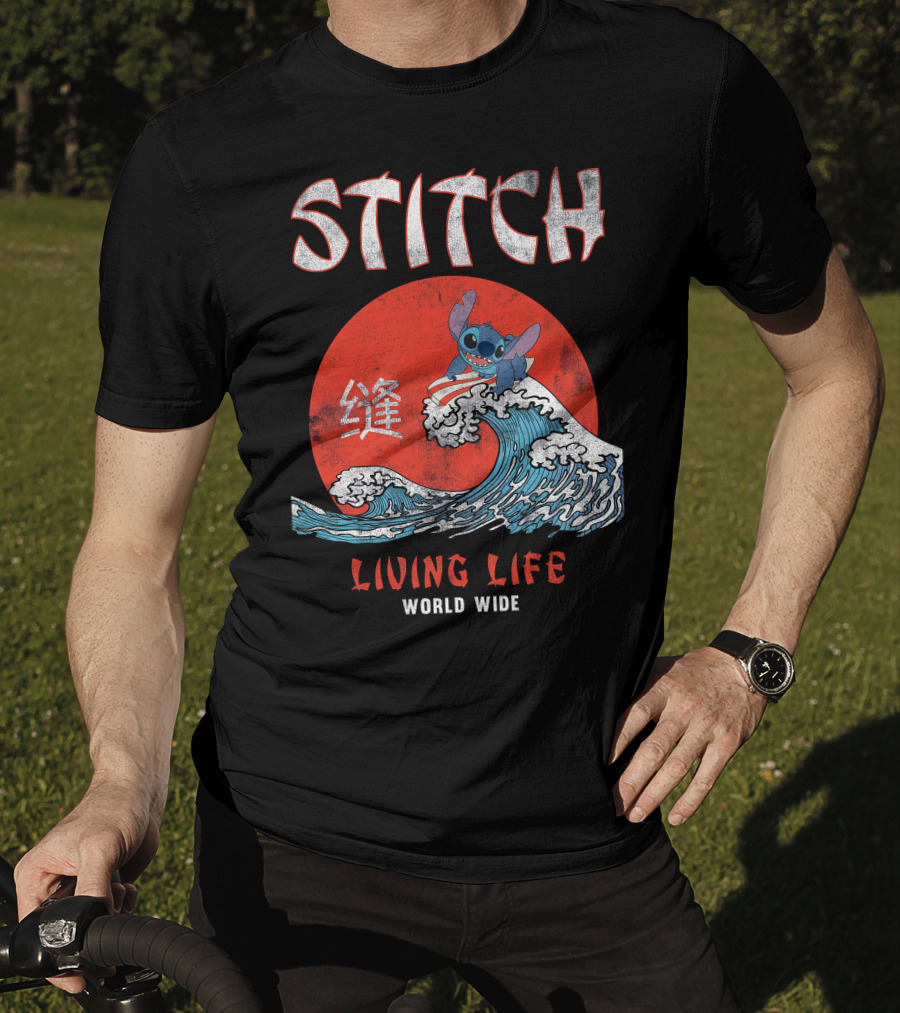 Stitch Living Life World Wide Wave Red Japanese Character T-Shirt