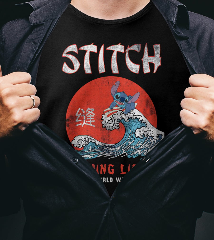 Stitch Living Life World Wide Wave Red Japanese Character T-Shirt
