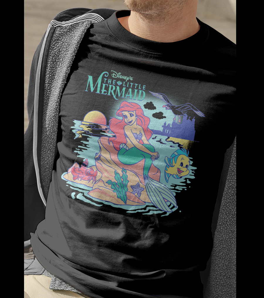 Disney's The Little Mermaid Ariel With Flounder And Sebastian By Castle At Sunset T-Shirt